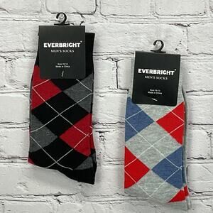 Everbright Socks 2Pair Men’s Size 10-13 Argyle Print Multicolored Novelty Travel